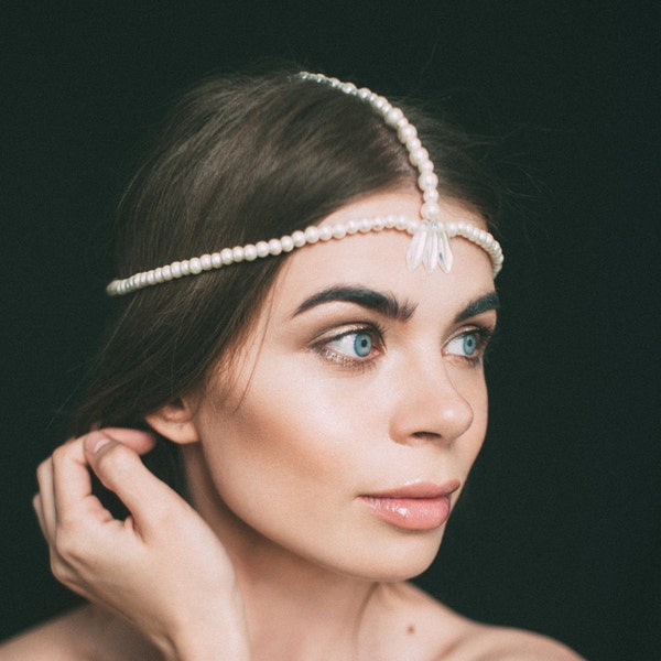 flapper headpiece,  jewelry headpiece, bohemian hair accessories, tikka headpiece, pearl headpiece, bridal headdress, tikka, pearl headband