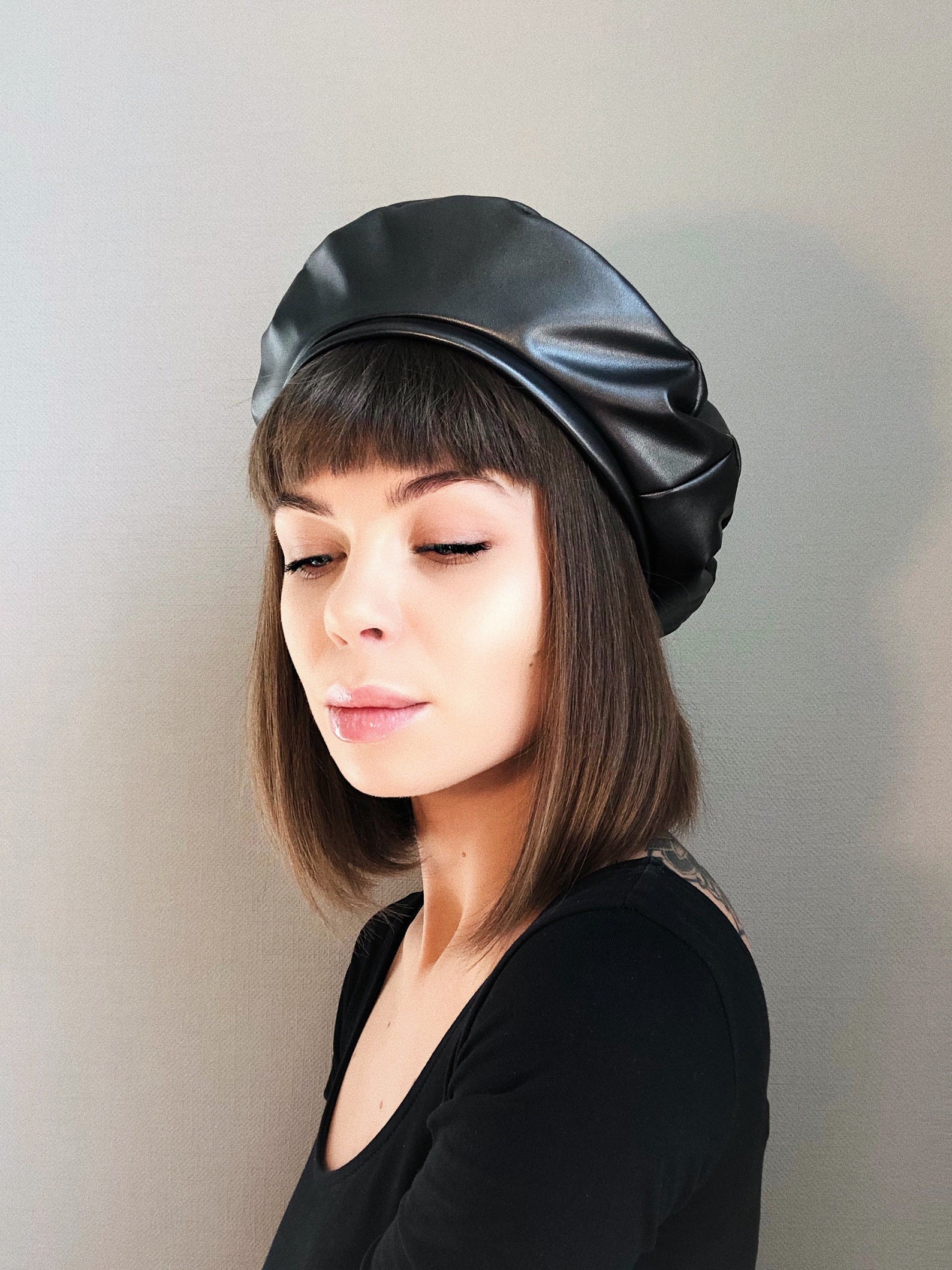 Black Beret Black Faux Leather Beret Berets Faux Leather Etsy