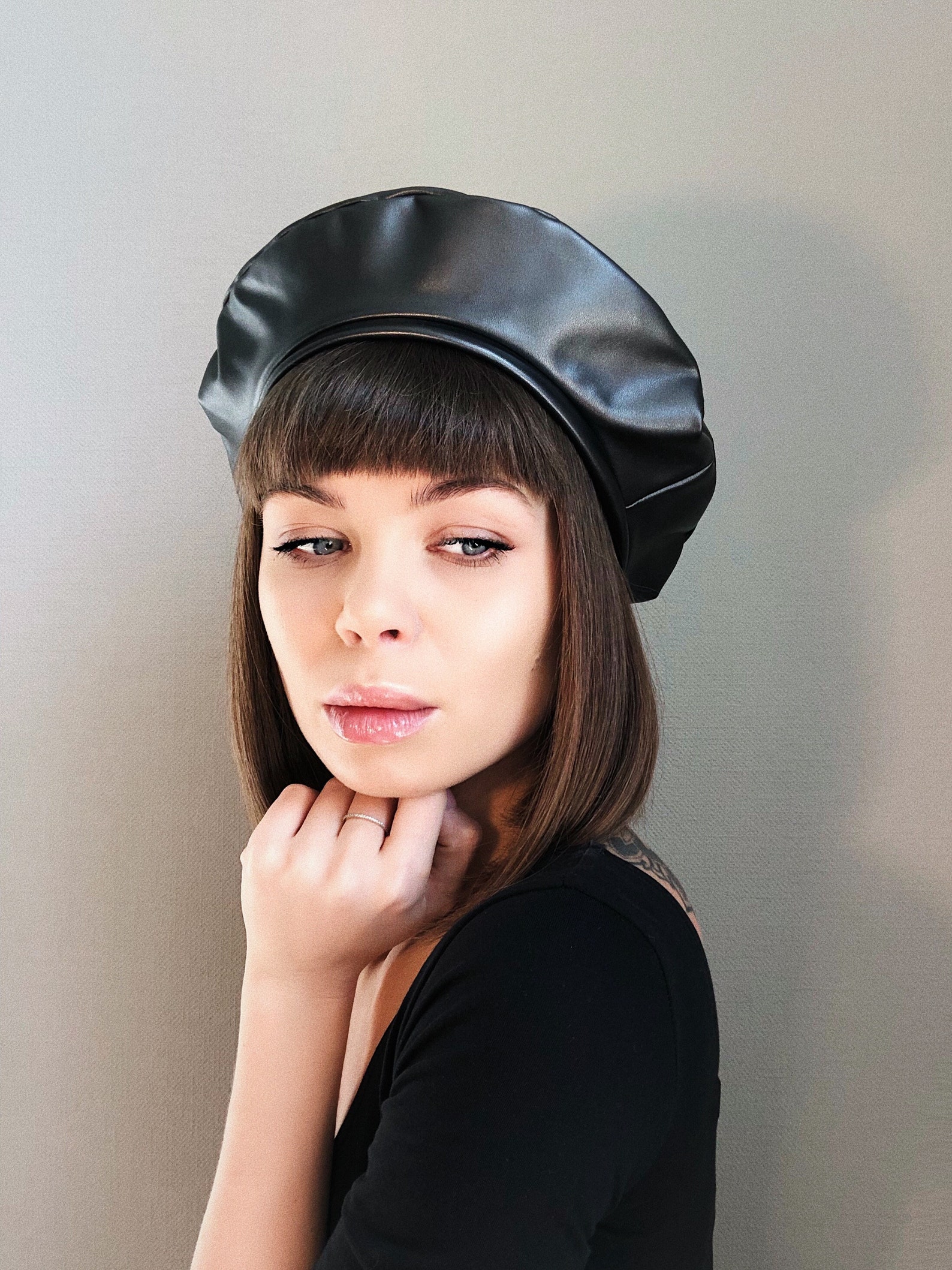 Black Beret Black Faux Leather Beret Berets Faux Leather Etsy