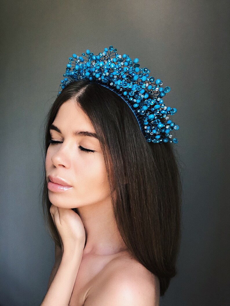 Blue Bridal Headpiece Crystal Crown Bridal Headdress Blue Etsy