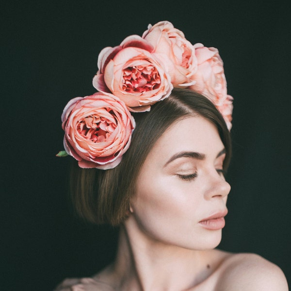 Mexican flower crown, headdress, frida kahlo headband, large flower crown, boho festival headband, delicate pink, floral headband, wreath