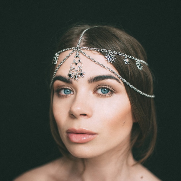 bohemian headdress, silver chain headdress, tikka headpiece, antique headpiece, boho headdress, boho headpiece, indian headpiece, headdress