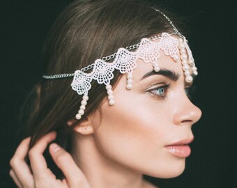 chain headpiece, tikka pearl, tikka headpiece, flapper headpiece, lace headdress, lace headpiece, bohemian hair accessories, boho headdress