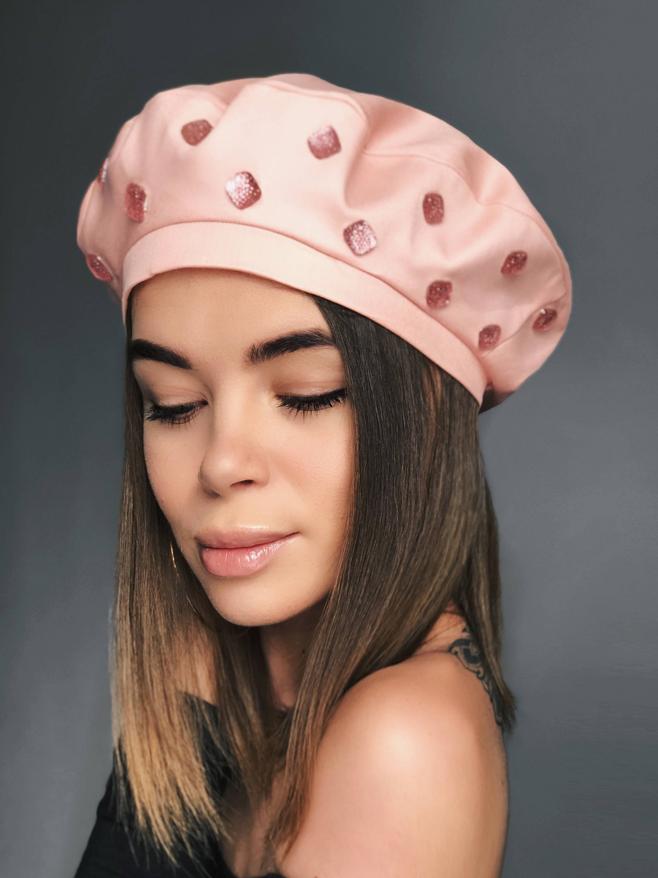 Pink Beret Hat Pink Jeans Beret Pink Hat Beret Hat Beaded Etsy