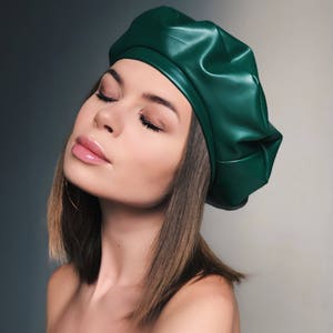 leather beret, leather hat, green leather beret, green leather, leather beret for woman, beret, leather hats, leather beret hat, green beret image 2