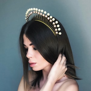 bridal crown, pearl tiara, bridal headpieces, pearl headpiece, pearl crown, white crown, pearl hair vine, pearl headdress, gold headpieces image 5