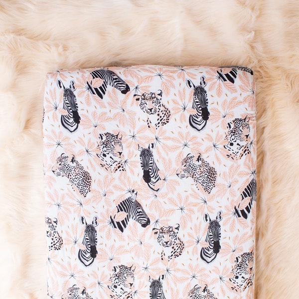 Pink Safari Muslin Cot Sheet | Fitted Crib Sheet 140 x 70 | Ultra Soft Bamboo Cotton Muslin | Safari Nursery | Zebra Giraffe Leaf Jungle