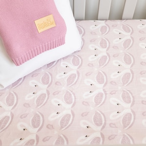 Muslin Fitted Cot Sheet | Pink Swan - Bamboo Cotton Muslin, Extra Soft Baby Bedding, Girls Swan Nursery