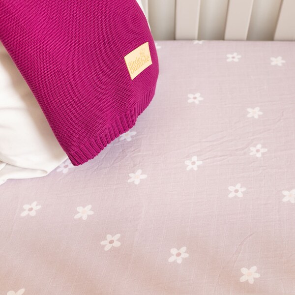 Muslin Fitted Cot Sheet | Pink White Daisy Flower - Bamboo Cotton Muslin, Extra Soft Baby Bedding, Ballet Dance