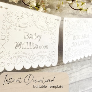 May include: White printable banner with a stork and baby design. The banner says "Baby Williams" and "You are so loved".