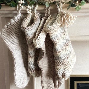 Set of Four Farmhouse Holiday Stockings, Collection of Chunky Knit Christmas Stockings