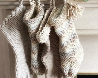 Set of Four Farmhouse Holiday Stockings, Collection of Chunky Knit Christmas Stockings
