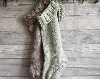 Soft Green or Mink Brown Hand Knit Christmas Stockings, Traditional Style Fireplace Mantel Decor