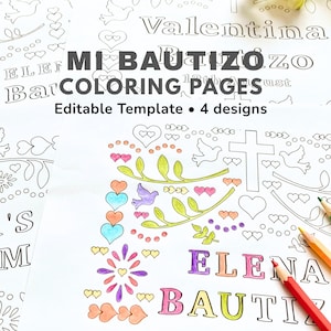 Personalized Mi Bautizo Papel Picado Coloring Pages, Set of 4 (Digital Download)