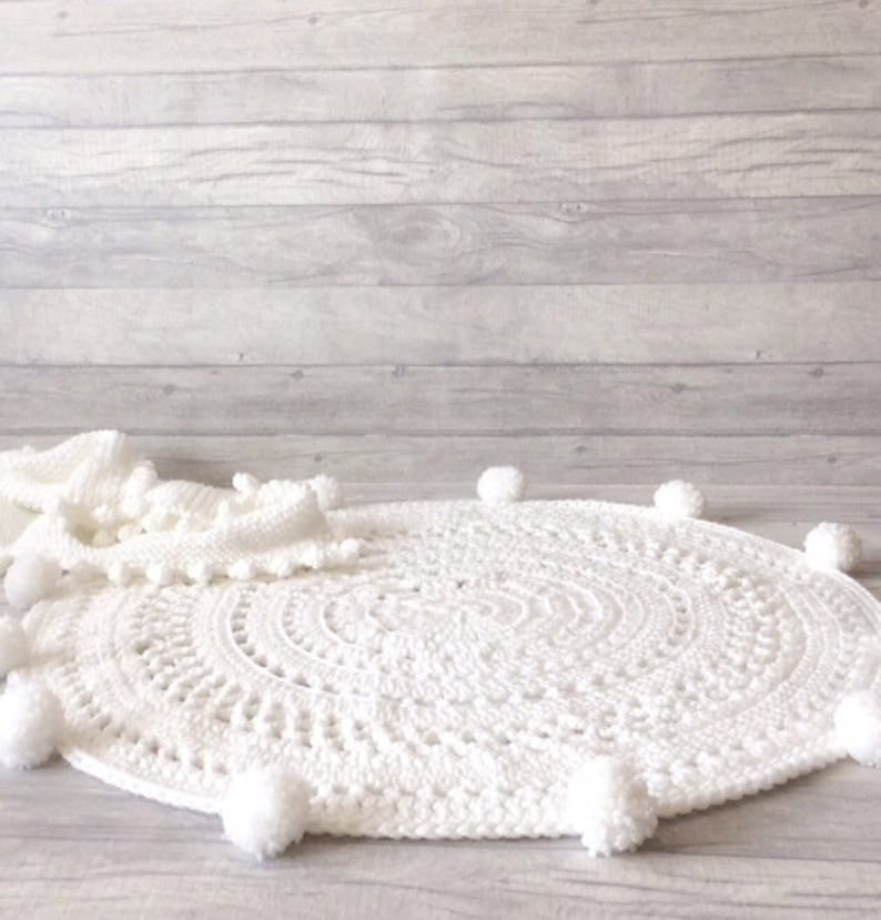 White Nursery Rug With Pom Pom Edge. Kids Room Rug. Etsy