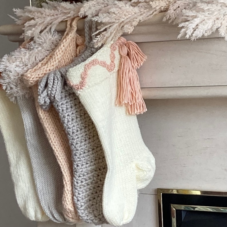 Cream Boho Christmas Stocking, Peach Tassel Holiday Stocking image 8