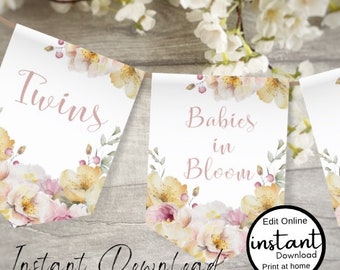 Babies In Bloom Twins Banner, Personalised Floral Baby Shower Decor, Baby Shower Backdrop [id:26396437]