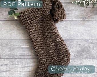 May include: A brown knitted Christmas stocking with a folded cuff and a matching yarn tassel. The text PDF Pattern is visible at the top, and the text Christmas Stocking Monkey and Minnie is visible at the bottom of the image.
