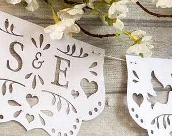 Custom Wedding Banner With Your Initials, Papel Picado Style Bunting With Doves