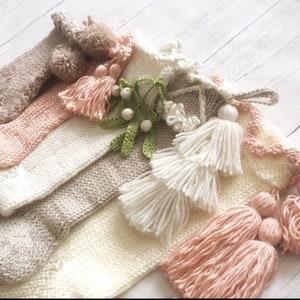 Cream Boho Christmas Stocking, Peach Tassel Holiday Stocking image 5