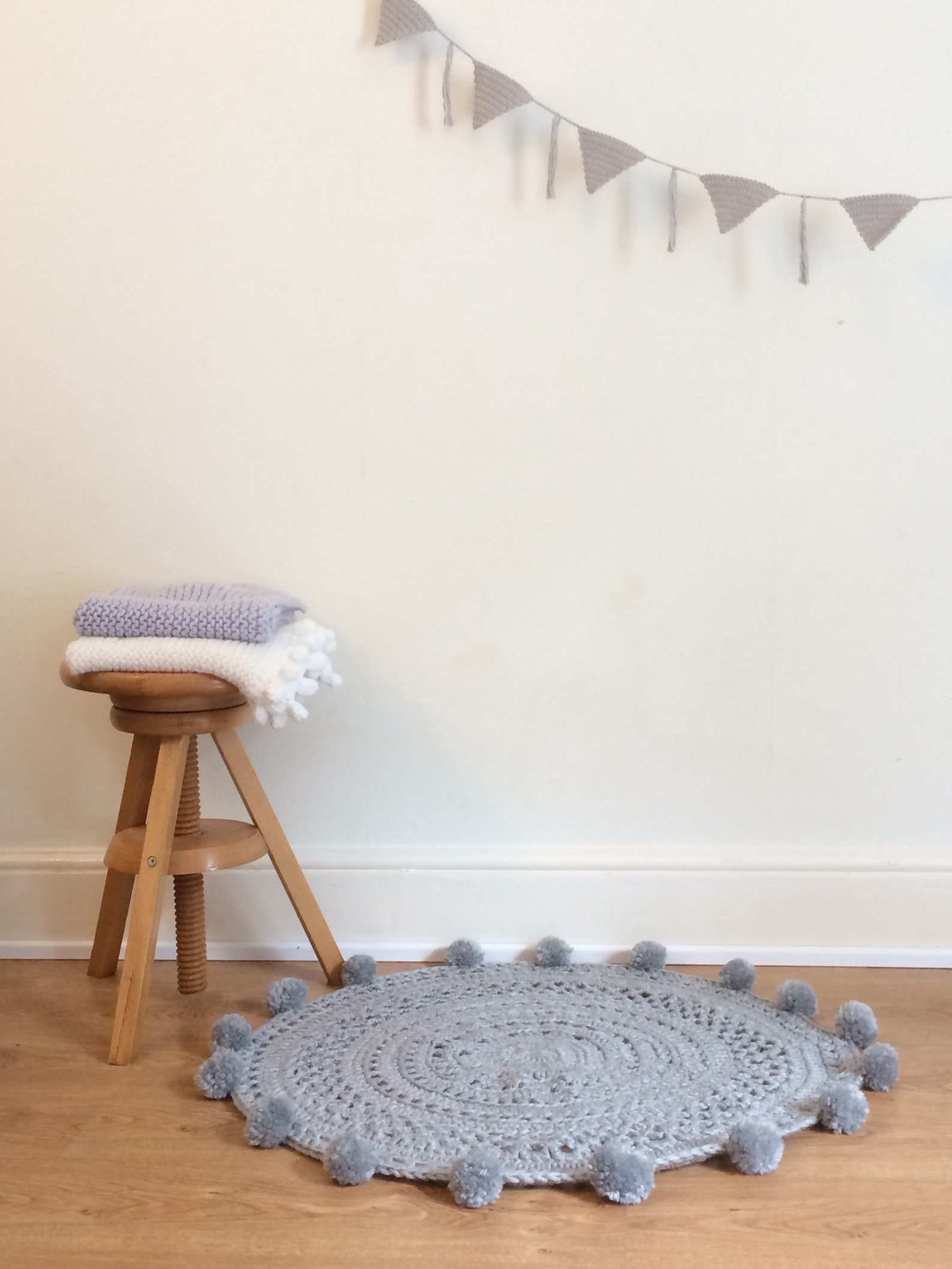 Grey Rug with Pom Poms Grey Nursery Rug or Play Mat Etsy