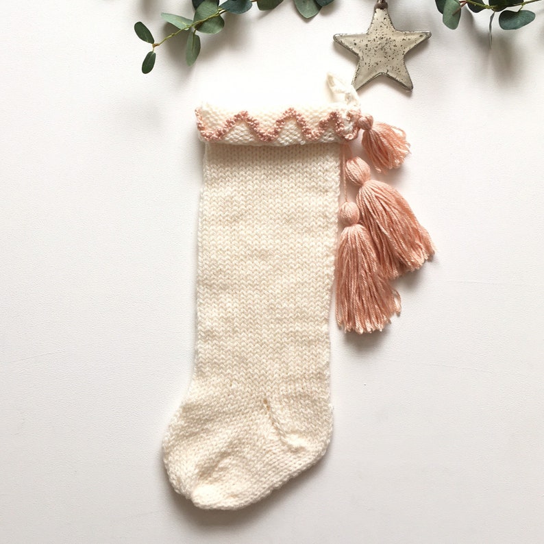 Cream Boho Christmas Stocking, Peach Tassel Holiday Stocking image 2