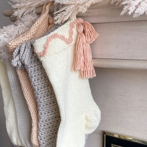 Cream Boho Christmas Stocking, Peach Tassel Holiday Stocking image 3