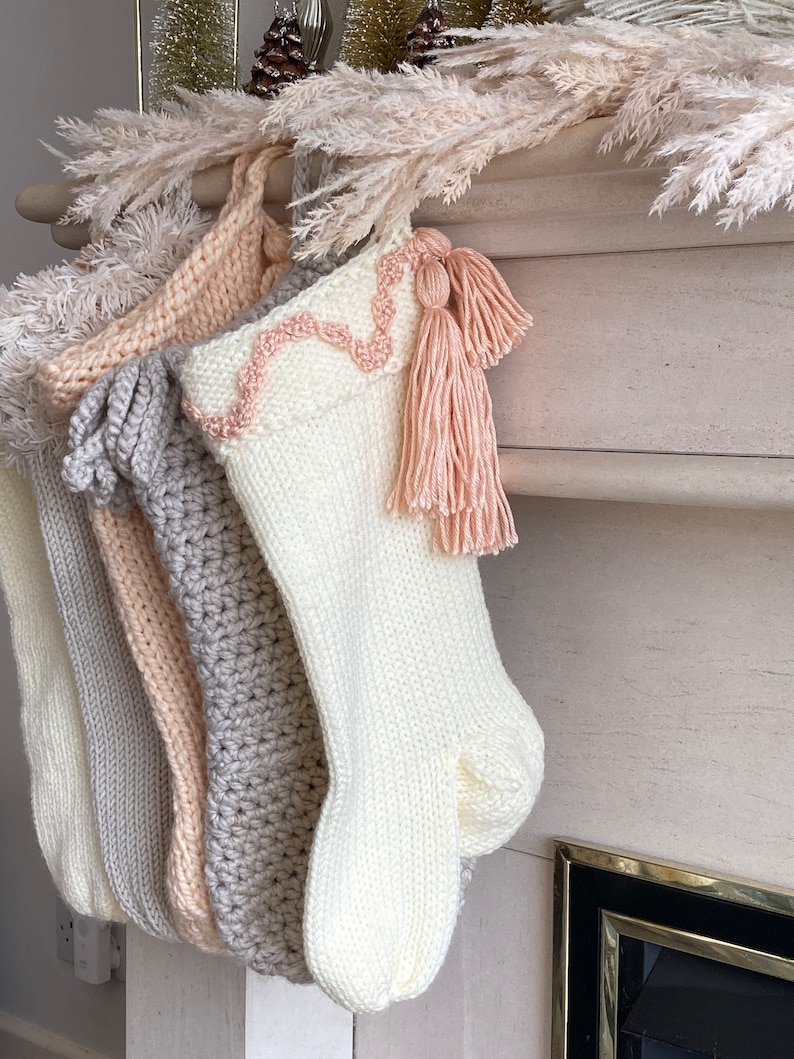 Cream Boho Christmas Stocking, Peach Tassel Holiday Stocking image 3