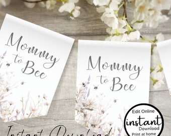 Mommy to Bee Baby Shower Banner, Personalised Printable Template with Bees and Wildflowers [id:26148974]