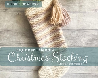 May include: A hand-knitted Christmas stocking in cream and lavender stripes, with a cream-colored cuff and tassel. The text "Beginner Friendly Christmas Stocking" is displayed on the image, along with "Instant Download".
