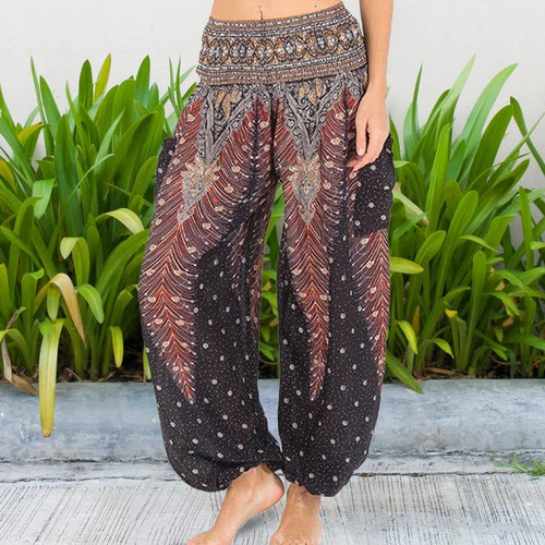 Peacock Feather Harem Pants Women - Smock Waist Bohemian Pants Yoga Pants Hippie Pants Aladdin Genie Boho Festival Baggy Pants