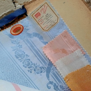 Vintage French fabric sample, swatch book of table linens c1950s