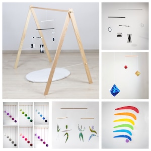 Ensemble de 5 x mobile Montessori avec salle de gym / support robuste Munari, Gobbi, Dancers, Octaedron, Rainbow, Nursery hanging mobile, giostrine image 1