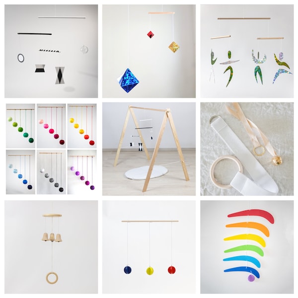 Set of 9 x Montessori mobiles with sturdy gym / holder - Munari, Gobbi, Dancers, Octahedron, Rainbow, Tactile mobiles, Topponcino