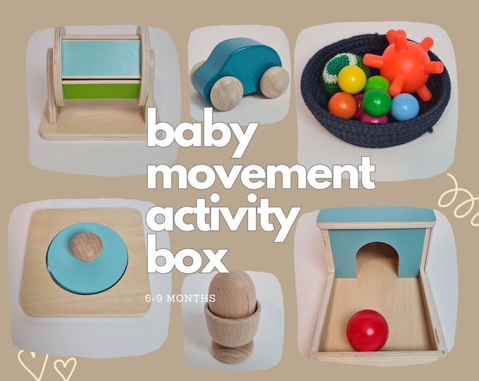 Montessori Play Kit 6-9 Months. Baby Educative Toys. Set of Montessori Activities. Set of 9 Motessori Toys. Spinning Drum. Permanence Box.