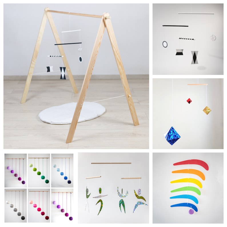 Ensemble de 5 x mobile Montessori avec salle de gym / support robuste Munari, Gobbi, Dancers, Octaedron, Rainbow, Nursery hanging mobile, giostrine image 1