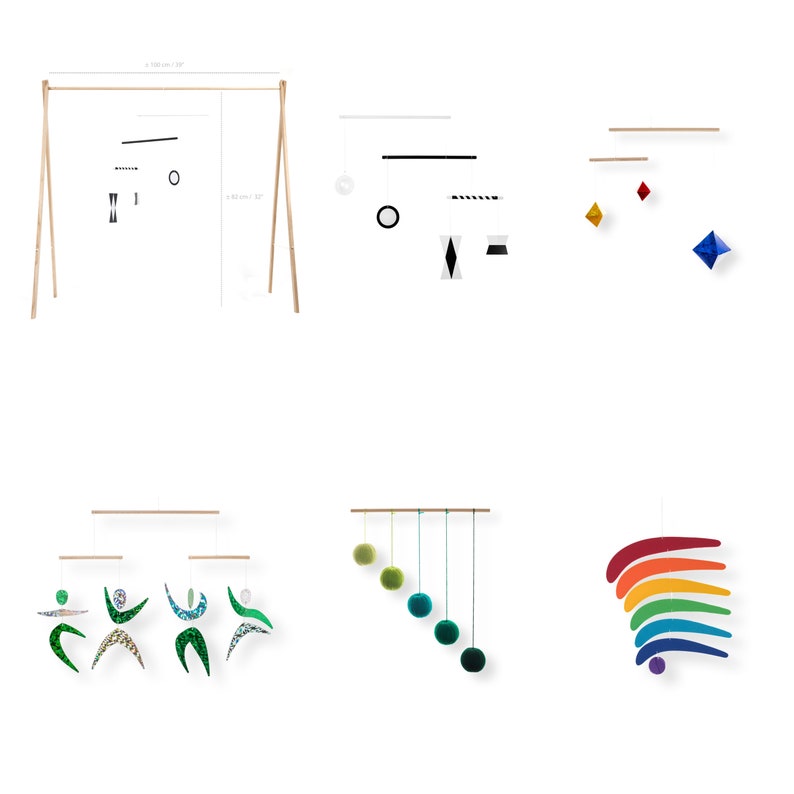 Set of 5 x montessori mobiles with gym holder - shops Munari, Green Gobbi, Dancers, Octahedron, Rainbow. Montessori mobile, Baby mobile, Hanging