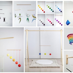 Juego de 5 móviles Montessori con soporte de gimnasio / brazo de cuna / soporte de pared: Munari, Gobbi, Bailarines, Octaedro, Arcoíris, Giostrine.