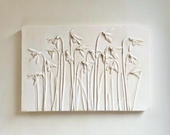 Botanical relief, plaster cast, raised impression, Snowdrops, country garden, wild flowers, woodland flowers, wall tile