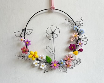 Small wreath, daisies, clay flowers, hanging decoration, wire flowers, gift, forget me nots, birthday present, nursery, house warming