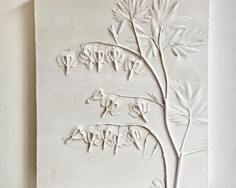 Botanical plaster relief, bleeding hearts, wall art, wall plaque, plaster cast, country garden, gift, rustic art, unusual gift, birthday