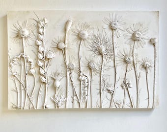 Botanical plaster cast, ox eye daisy, love in a mist, wild garlic, poppy, sweet peas, foxgloves, wild flowers, rustic, birthday gift