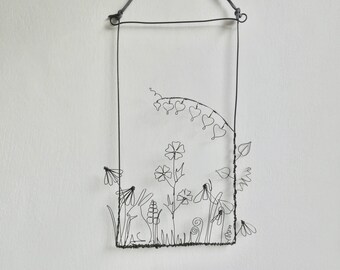 Daisies, bleeding hearts, buttercups, snowdrops, wall hanging, hare, wire art, spring flowers, wire flowers, unusual gift, gift, present