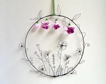 Large wreath, wire flowers, clay flowers, fuchsia, fuchsias, daisies, birthday present, wire hoop, gift, present, poppy, lavender, mum gift