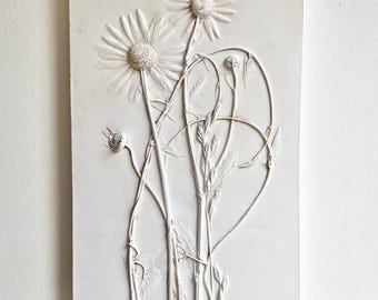 Botanical plaster cast, ox eye daisies, daisy, wild flowers, wild grasses, climbing vines, gift, rustic, birthday gift, wall tile, relief