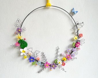 Wreath, wire art, clay flowers, wire flowers, daisy, frangipani, wild flowers, wire hoop, garland, gift, birthday, butterfly, gecko
