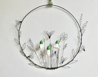 Wreath, Snowdrops, fern, buttercup, wild flowers, clay flowers, wire flowers, spring flowers, hedgerow, present, gift, wire art, garland