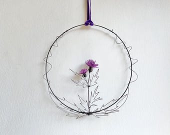 Wreath, Thistles, leaves, wild flowers, wire hoop, Scottish emblem, lovely gift, present, gift, thistle, wire art, unusual gift, birthday
