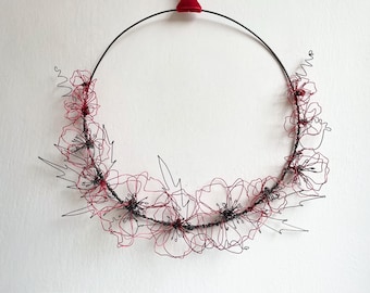 Wreath, wire hoop, wire flowers, poppies, remembrance, wild flowers, gift, garland, unusual gift, birthday present,