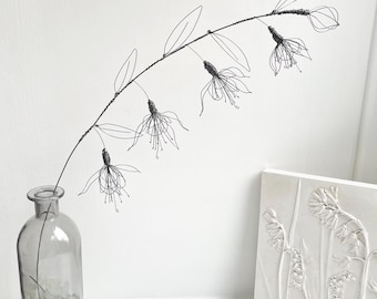 Wire flowers, fuchsias, fuchsia branch, leaves, flowers, garden flowers, gift, handmade, iron wire, rustic art, country cottage, wire art